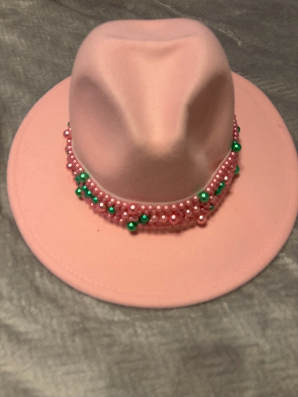 Pink Beaded Fedora Hat with Green Accent Beads